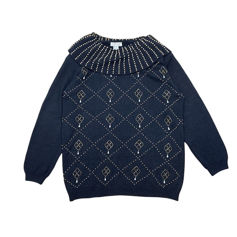 Vintage bedazzled Lindsey Blake sweater Black gold embellished beaded detail XL